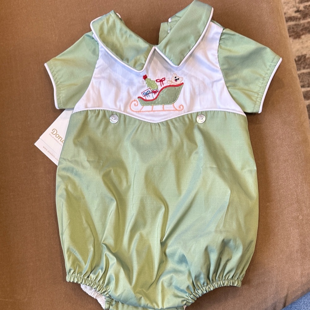 DONDOLO HOLLIS Green Baby Romper with Sleigh Embroidery NWT 6M